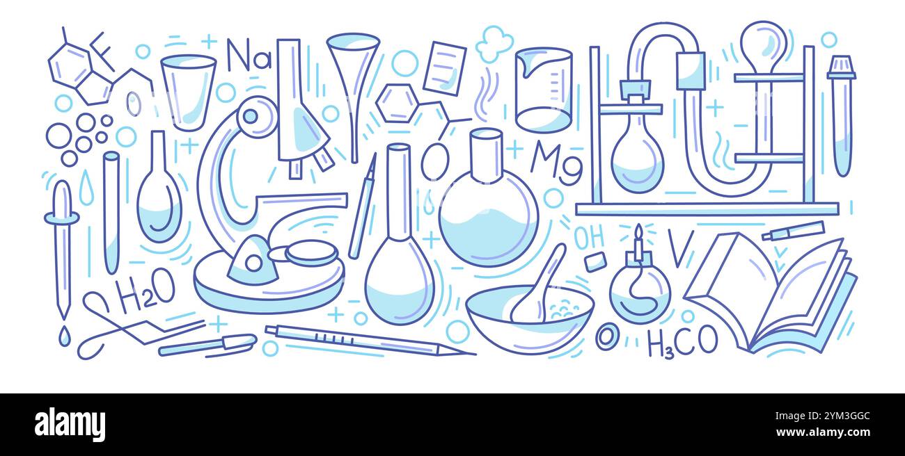 Chemie-Symbolsatz. Vektor-Doodle-Linienelemente isoliert auf weißem Hintergrund. Bildungs- und Lernschilder für Webbanner und gedruckte Materialien Stock Vektor