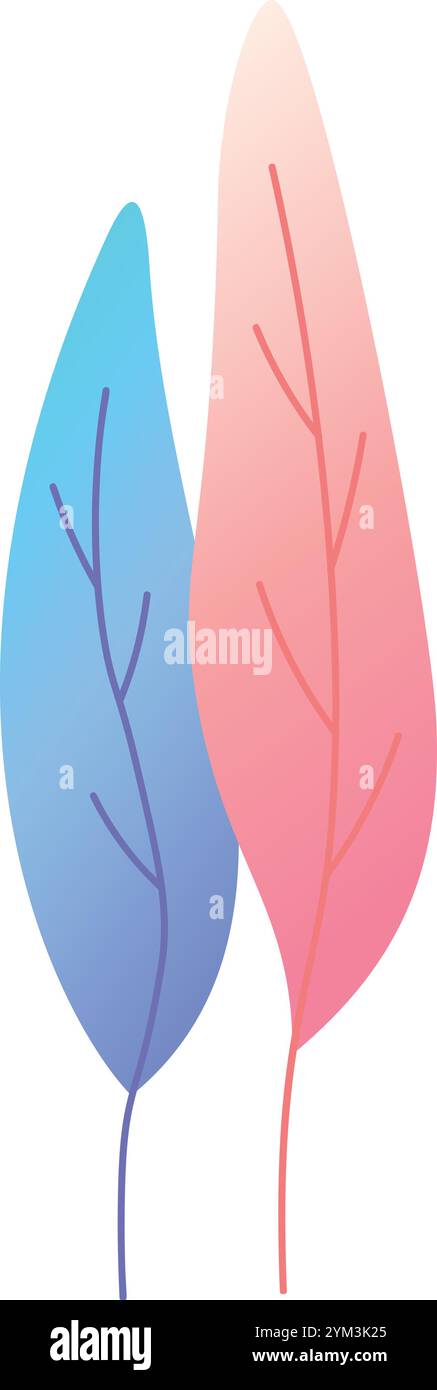 Die minimalistische Illustration zeigt zwei längliche Blätter, von denen eines einen kühlen blauen Verlauf und das andere einen warmen rosafarbenen Verlauf ausstrahlt, der einen symbolisiert Stock Vektor