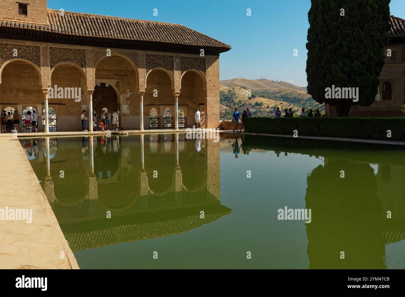 Der ruhige, reflektierende Pool des Partalpalastes der Alhambra, eingerahmt von maurischen Bögen Stockfoto