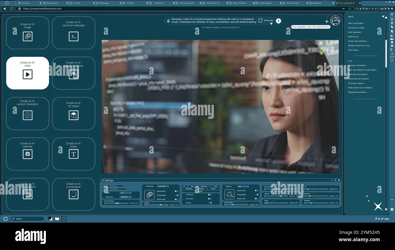 KI-Software, die Textaufforderungen in ein Video verwandelt, in dem Frauen Code schreiben. Text-zu-Video-Generator für künstliche Intelligenz, der Wörter in Clip der Programmierprogrammierung auf dem PC verwandelt Stockfoto