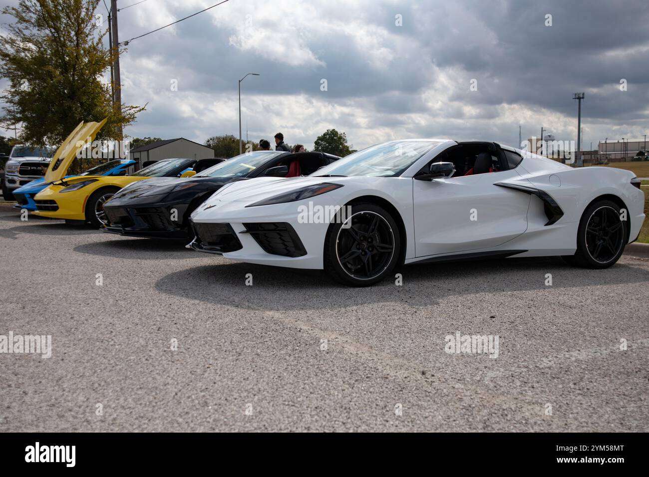 Cars stehen für eine Autoshow während des 136. Airlift Wing Family Morale Day am 17. November 2024 in der Joint Reserve Base Fort Worth, Texas, an. Der 136. Airlift Wing Family Morale Day ermöglichte es den Teilnehmern, eine Vielfalt an Speisen, ein Kickballturnier, eine Autoshow, einen Grillwettbewerb und viele aufblasbare Attraktionen für Kinder zu genießen. (Foto der Texas Air National Guard von Staff Sgt. Thomas Johns) Stockfoto