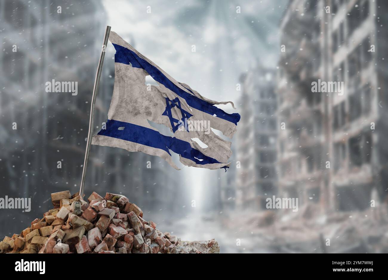 Schmutzige und zerrissene Israel-Flagge, Symbol für Widerstand und Sieg. Ein Schauplatz von Krieg und Verwüstung, die Ruinen einer Stadt, die durch Konflikte zerstört wurde. 3D-Rendering Stockfoto