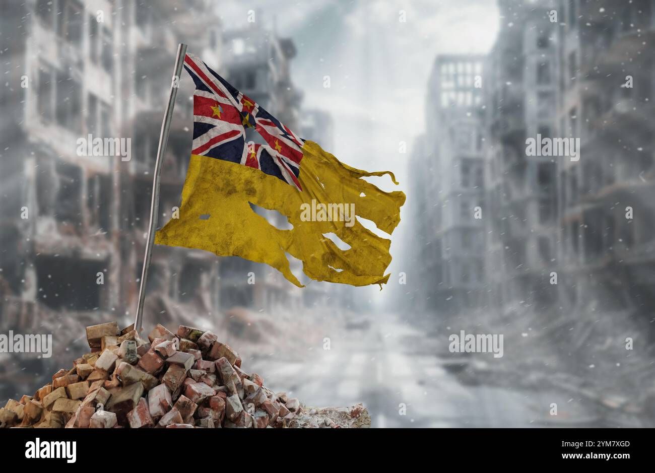Schmutzige und zerrissene Niue-Flagge, Symbol für Widerstand und Sieg. Ein Schauplatz von Krieg und Verwüstung, die Ruinen einer Stadt, die durch Konflikte zerstört wurde. 3D-Rendering. Stockfoto