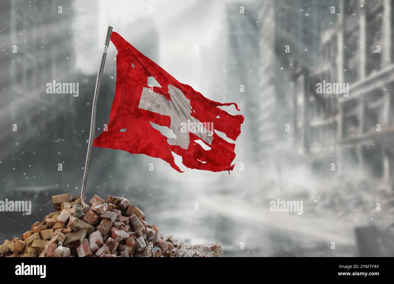 Schmutzige und zerrissene Schweizer Flagge, Symbol für Widerstand und Sieg. Ein Schauplatz von Krieg und Verwüstung, die Ruinen einer Stadt, die durch Konflikte zerstört wurde. 3D-Rendern Stockfoto