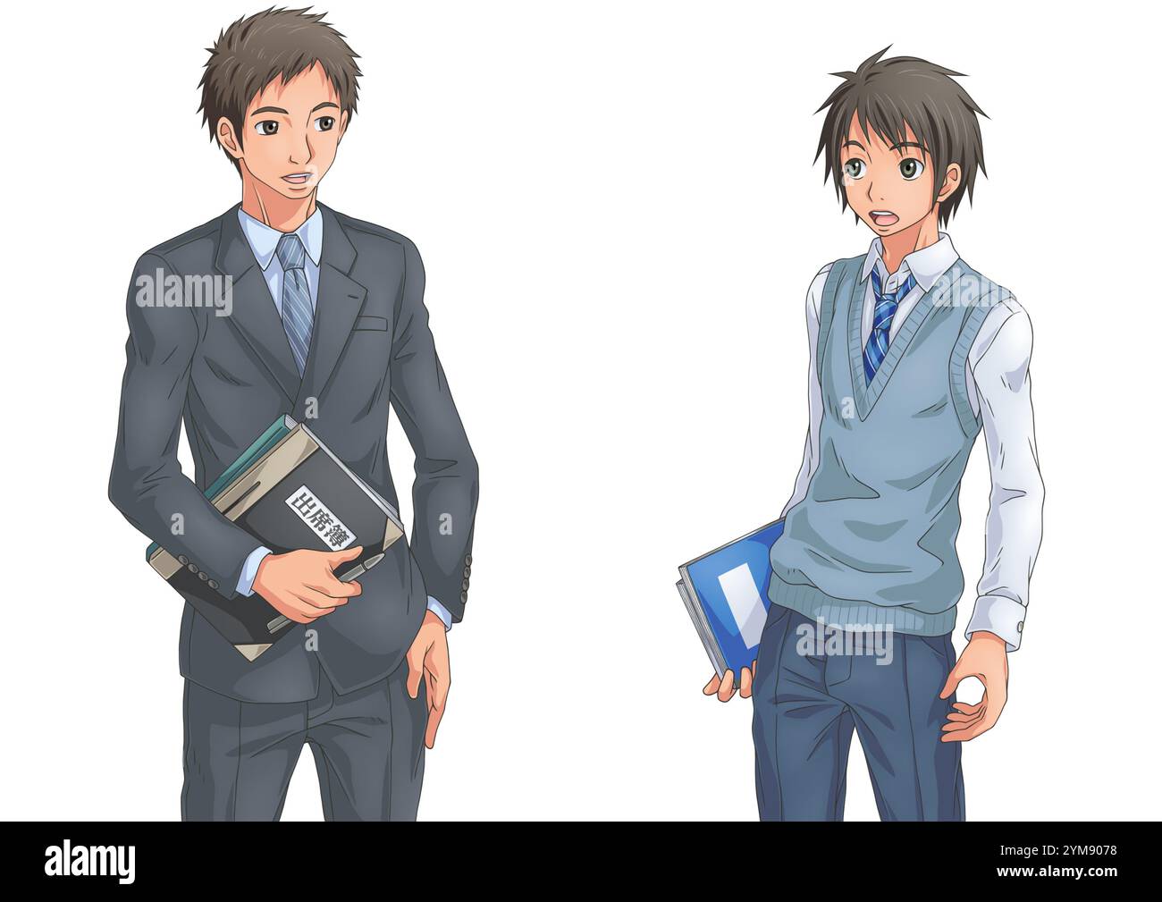 Männlicher Lehrer und männlicher Schüler stehen und reden Stockfoto