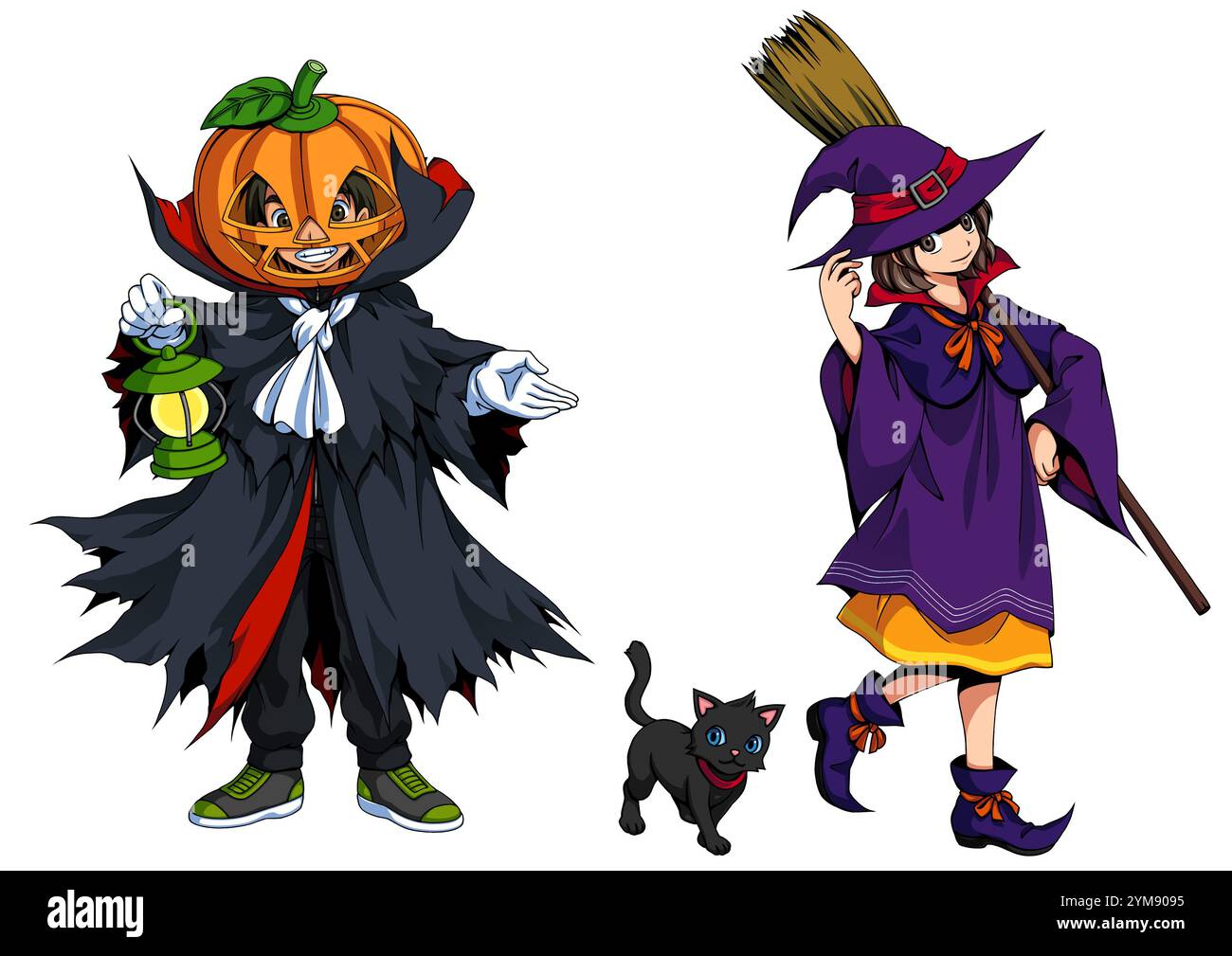 Halloween Kostüme (Jack & Hexe und Schwarze Katze) Stockfoto