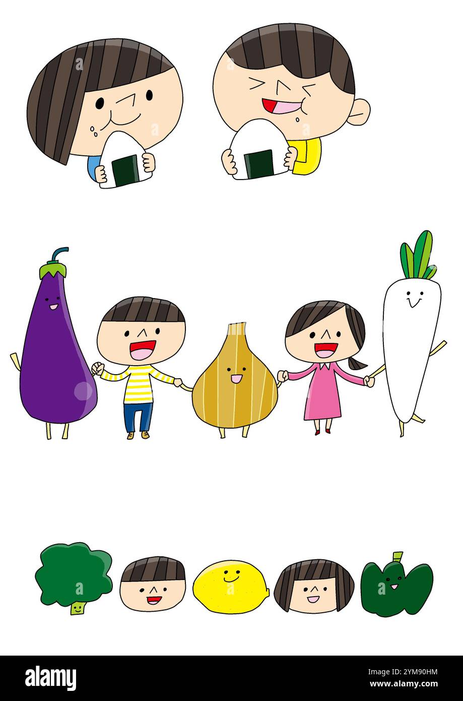 Ernährungserziehung Reiskugeln essen Kinder, die mit Gemüse Hände halten Stockfoto