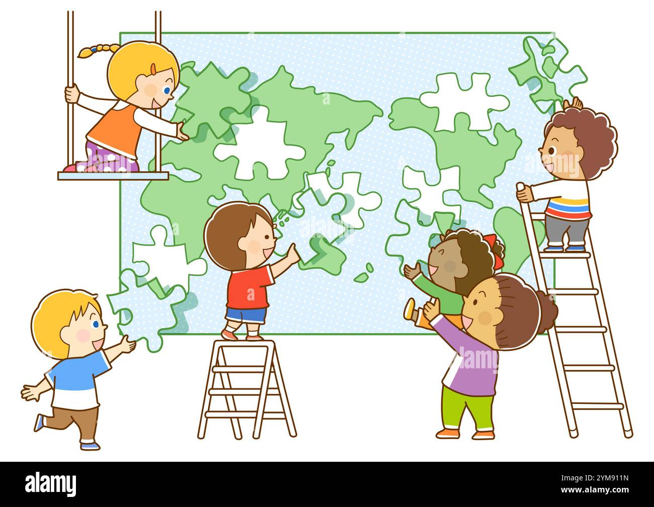 Kinder aus Ländern auf der ganzen Welt, die das Erdpuzzle zusammenstellen Stockfoto