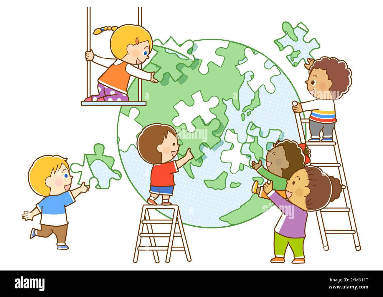 Kinder aus Ländern auf der ganzen Welt, die ein rundes Erdpuzzle zusammenstellen Stockfoto