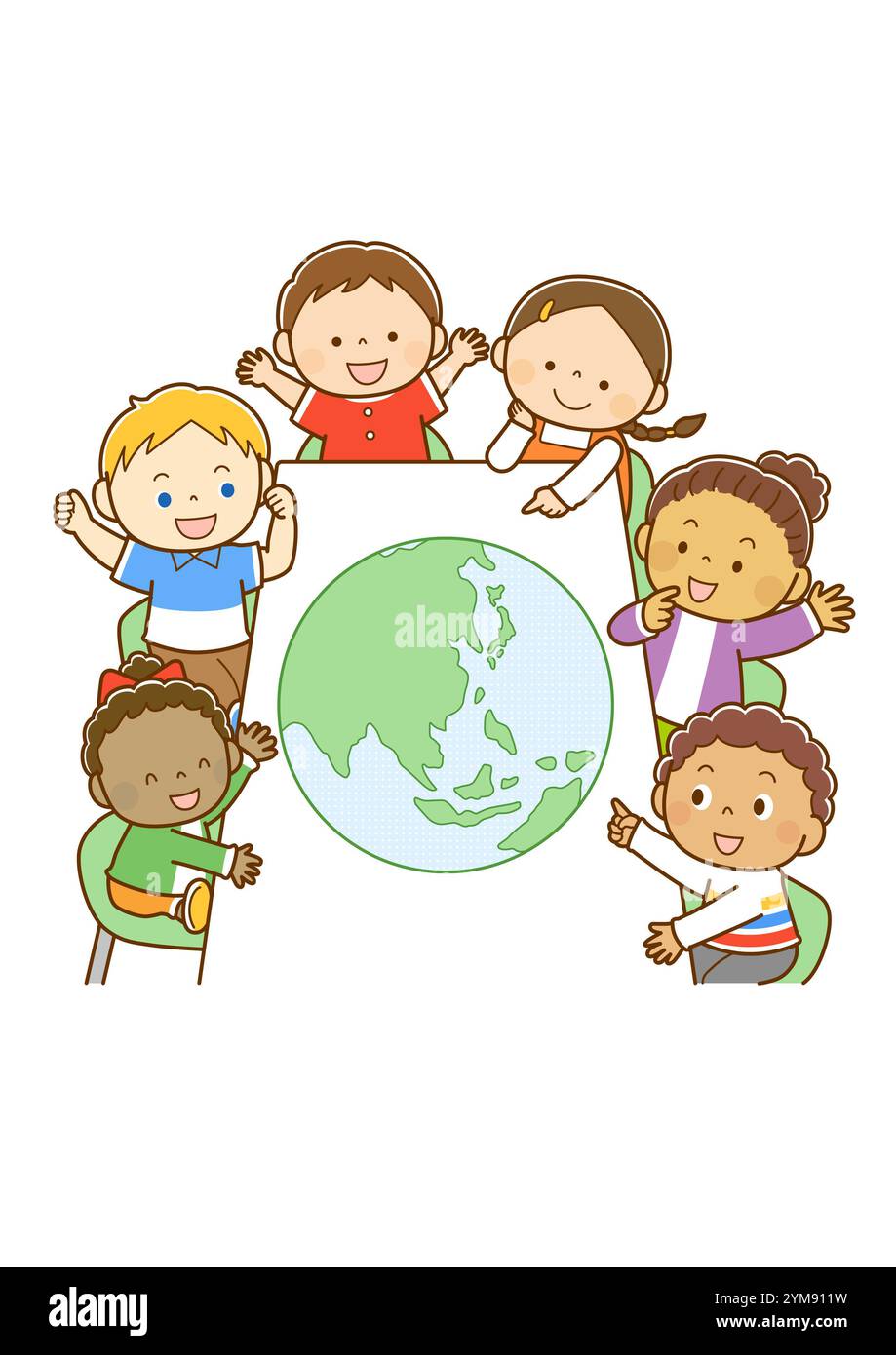 Kinder aus aller Welt diskutieren die Erde am Tisch Stockfoto