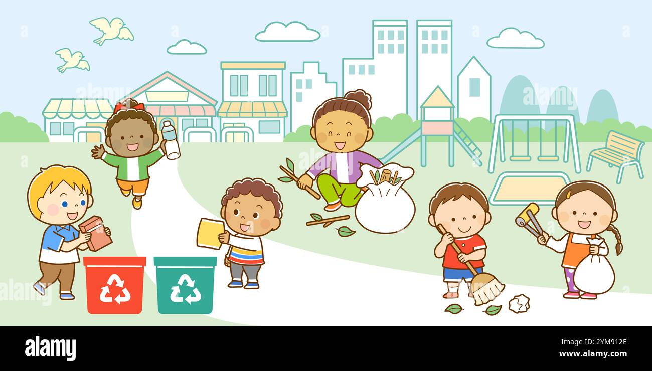 Kinder aus Ländern auf der ganzen Welt, die Recyclingaktivitäten in einem Park durchführen Stockfoto