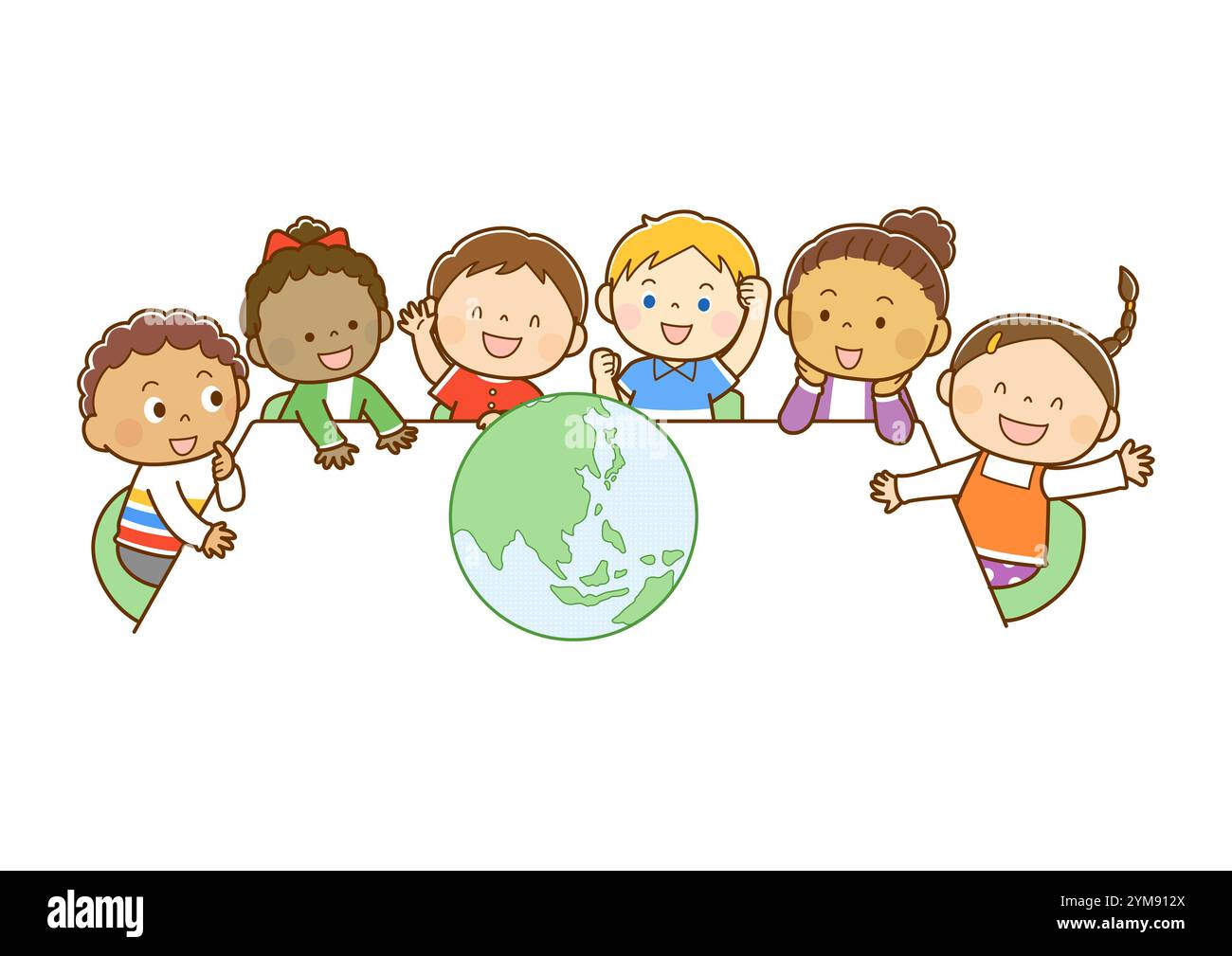 Kinder aus aller Welt diskutieren die Erde am Tisch Stockfoto