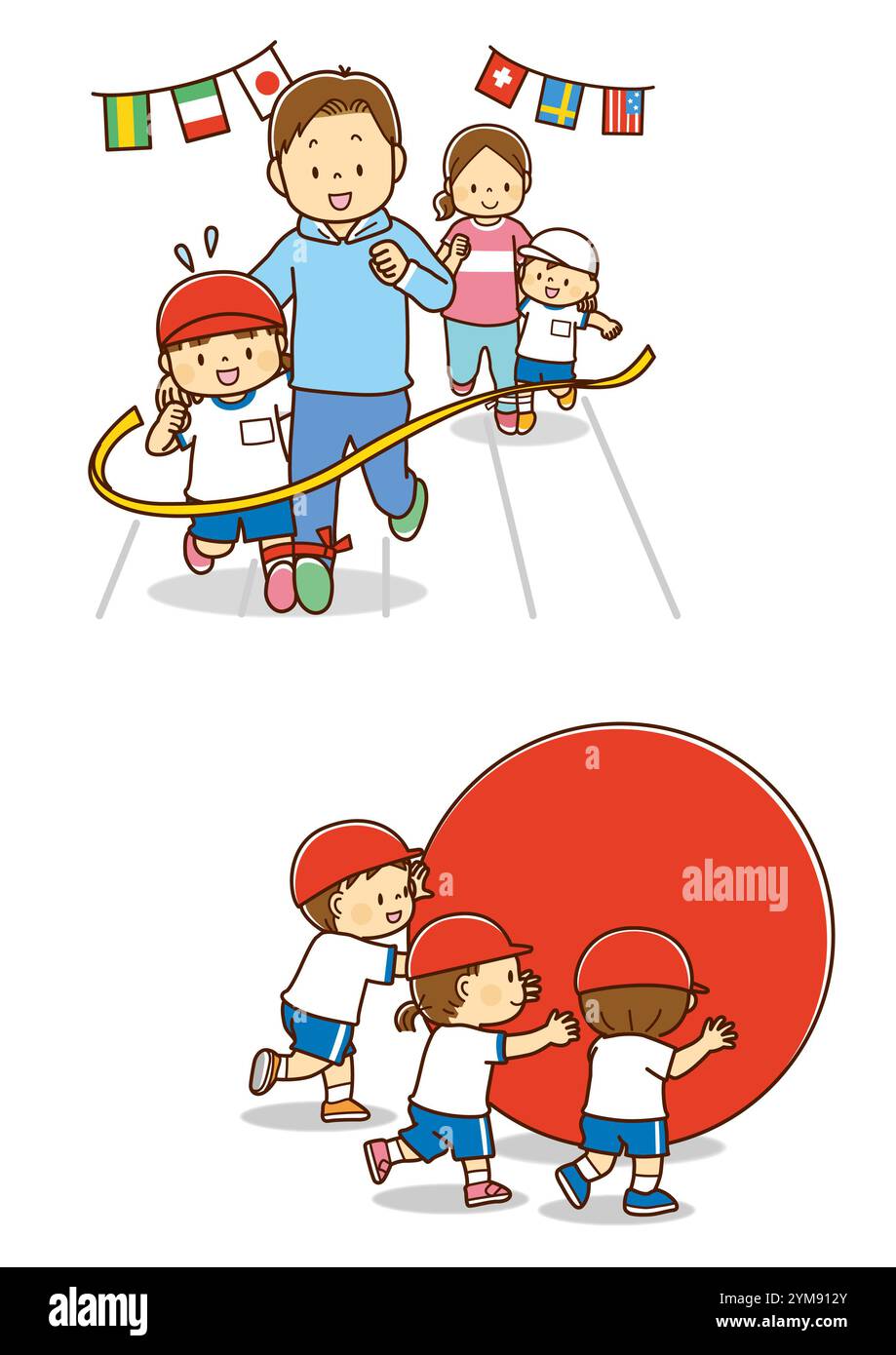 Eltern und Kinder, die ein Stativ machen, und Grundschüler, die an einem Sporttag einen großen Ballroller machen Stockfoto