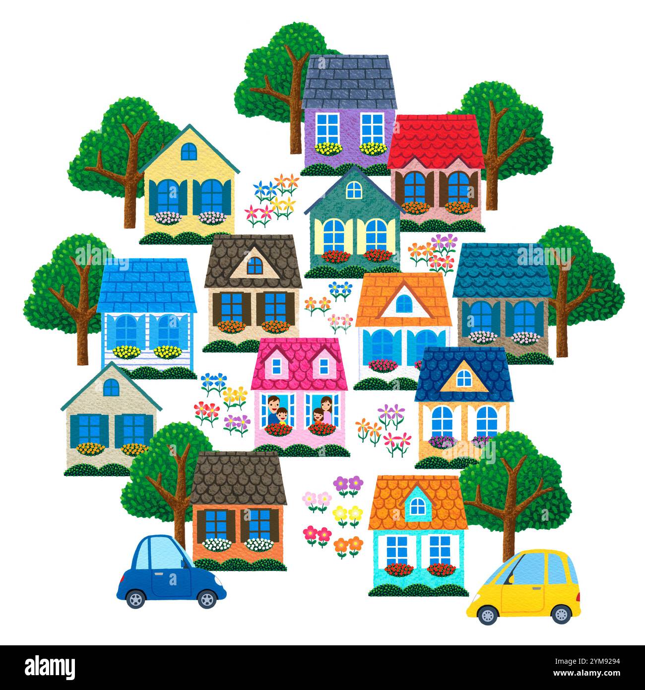 Familien, die in bunten Wohnvierteln leben Stockfoto