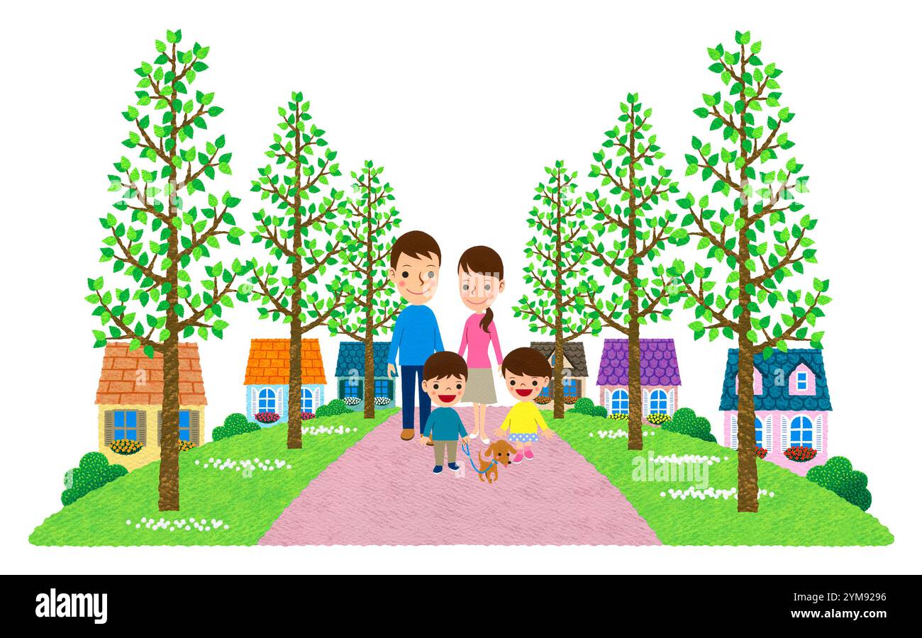 Familienspaziergang entlang der Wohnstraße mit baumgesäumter Promenade Stockfoto