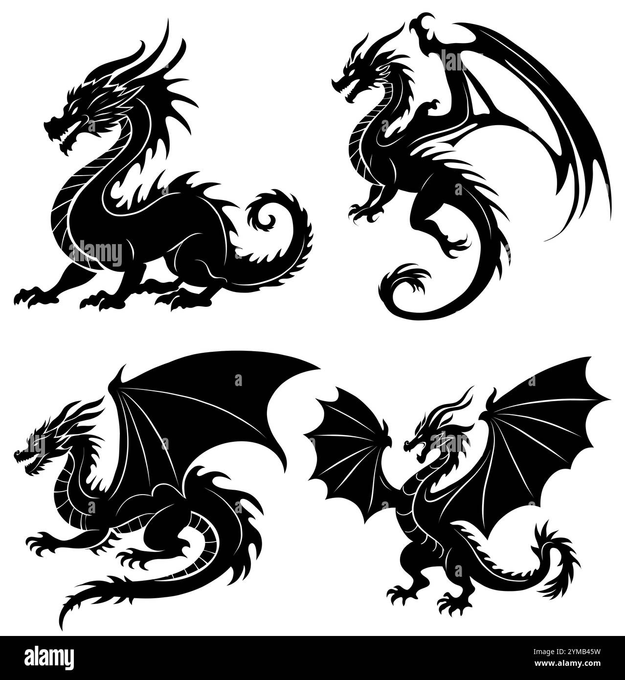 Vektorsatz von verschiedenen Drachen Silhouette Clip Arts. Sammlung märchenhafter schwarzer Silhouettendrachen, isoliert vom Hintergrund. Mythologisches Monster Stock Vektor