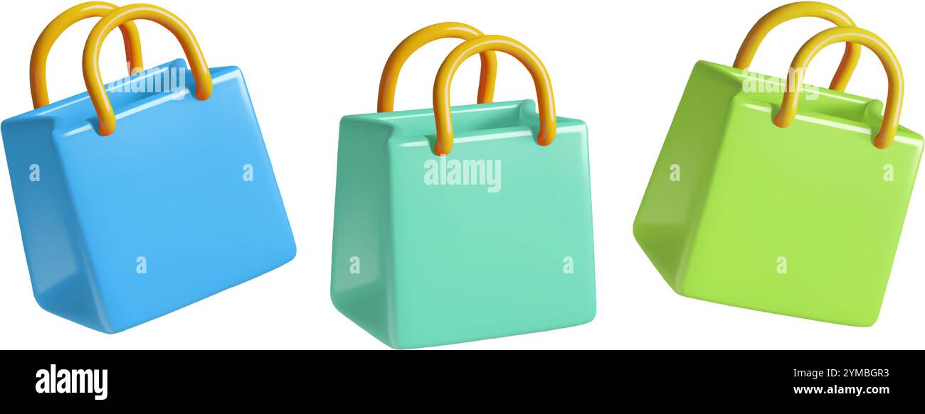 Grüne und blaue Einkaufszentrum Einkaufstaschen 3D realistische Vektor-Symbole Set. Niedliche Geschenktüten aus Papier in Frühlingsfarben. Stock Vektor