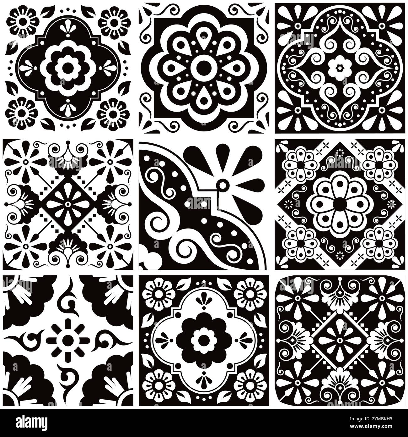 Mexikanische talavera Stil Fliesen nahtlose Vektormuster mit Blumen in Schwarz und weiß, monochrome dekorative Fliesen Design Stock Vektor