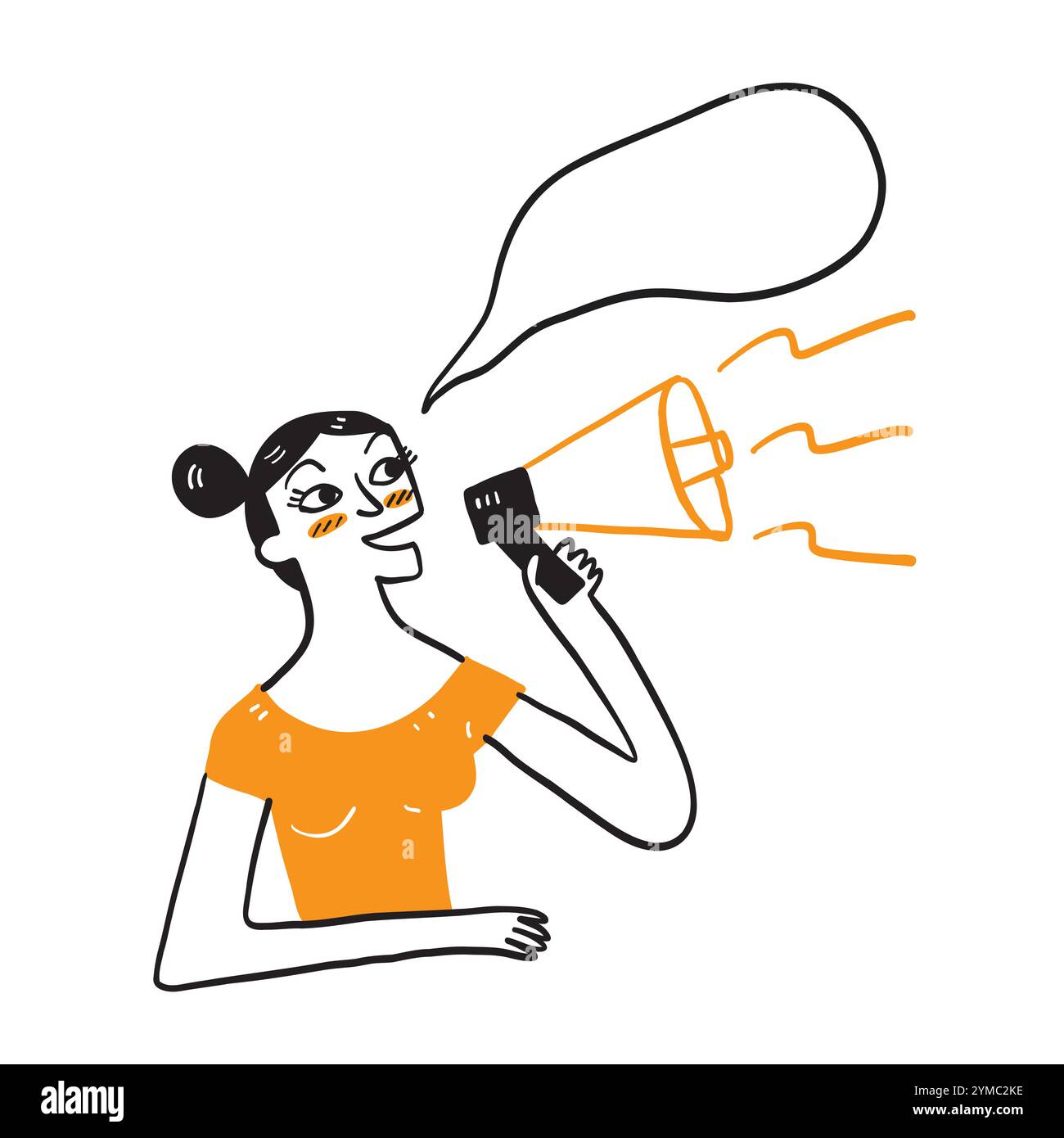 Lustige junge Frau isolierte Menschen aufrichtige Emotionen Lifestyle Konzept. Schreiend in Megaphon, Hand gezeichnet Vektor Illustration Kritzelstil Stock Vektor