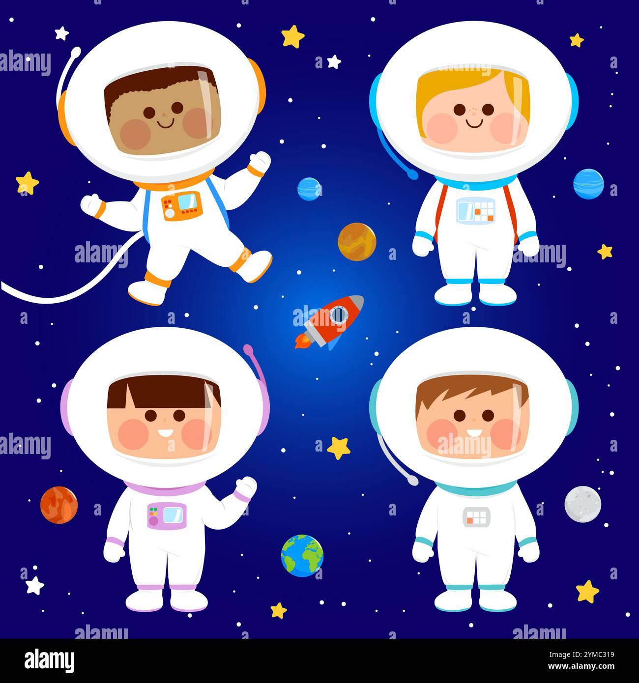 Astronautenkinder im Weltraum. Mädchen und Jungen in Astronautenkostümen. Kinder in Raumanzügen, Planeten und Raumschiffen. Stockfoto