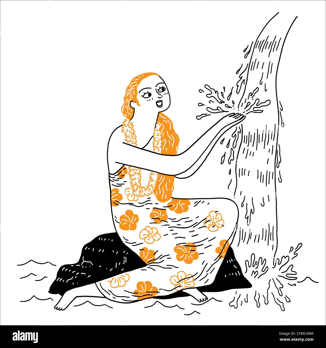 Hübsche Frau mit langen Haaren baden im Wasserfall, Vektor-Illustration Hand gezeichnet Stock Vektor