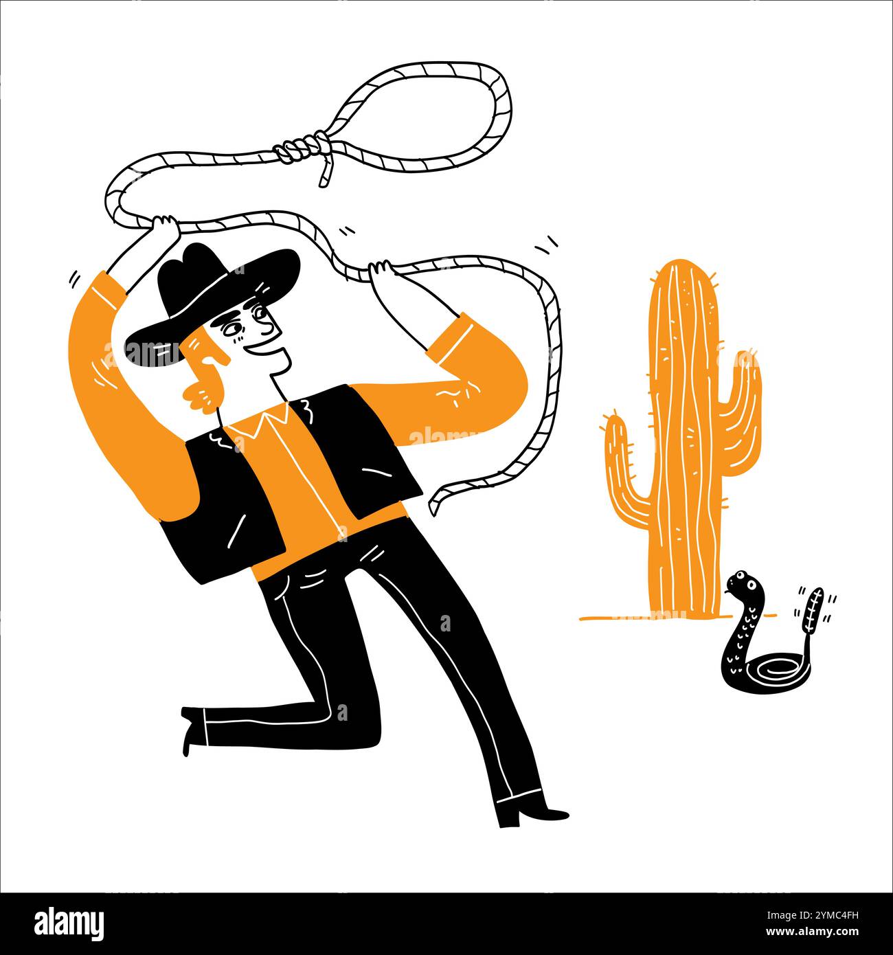 Ein junger Cowboy benutzt ein Lasso in der Wildnis. Vektorillustration handgezeichnet Stock Vektor