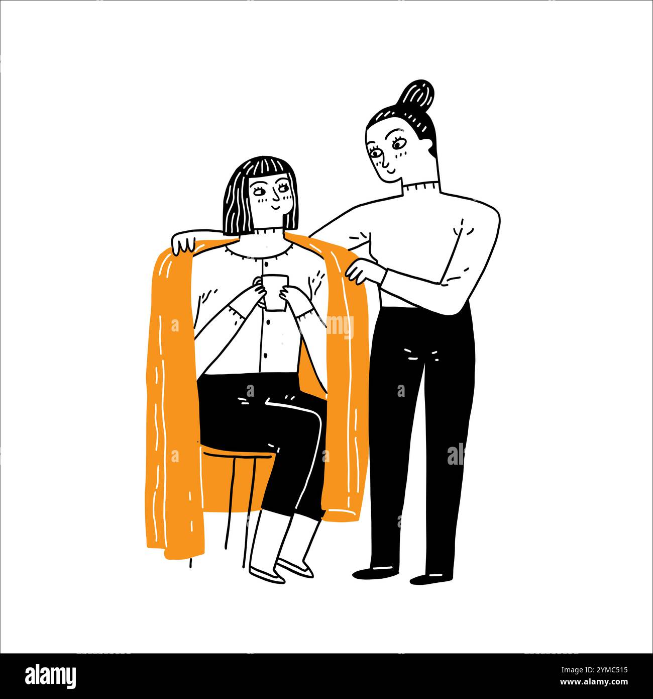 Die beste Freundin, die sich um einen kranken Freund kümmert, Vektor-Illustration Hand gezeichnet Stock Vektor