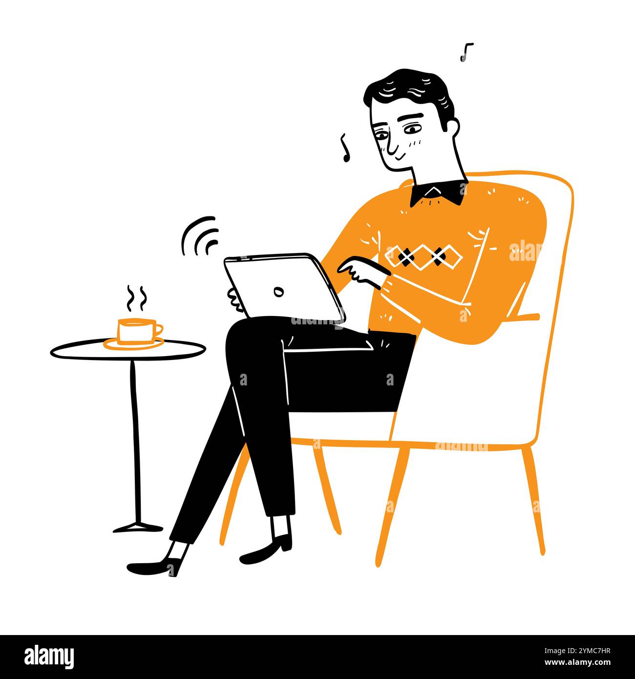 Hübscher junger Mann, der sich mit Musik auf dem Sofa mit einem Tablet entspannt. Handzeichnung Vektor Illustration Strichgrafik. Stock Vektor