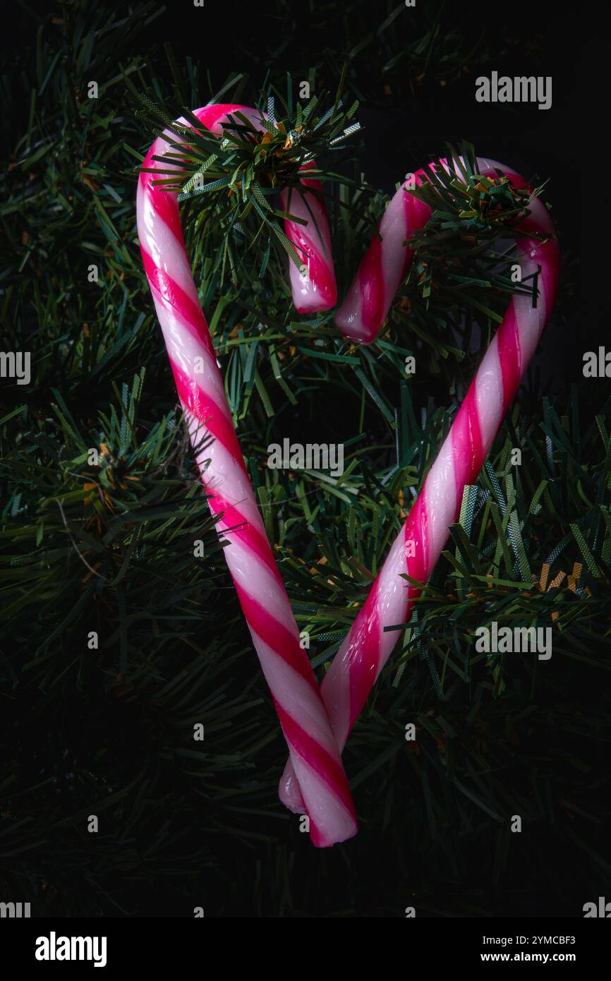 Zuckerstangen in Form eines Herzens werden elegant vor dunklen Ästen angebracht und verleihen der Urlaubsatmosphäre einen festlichen Touch. Stockfoto