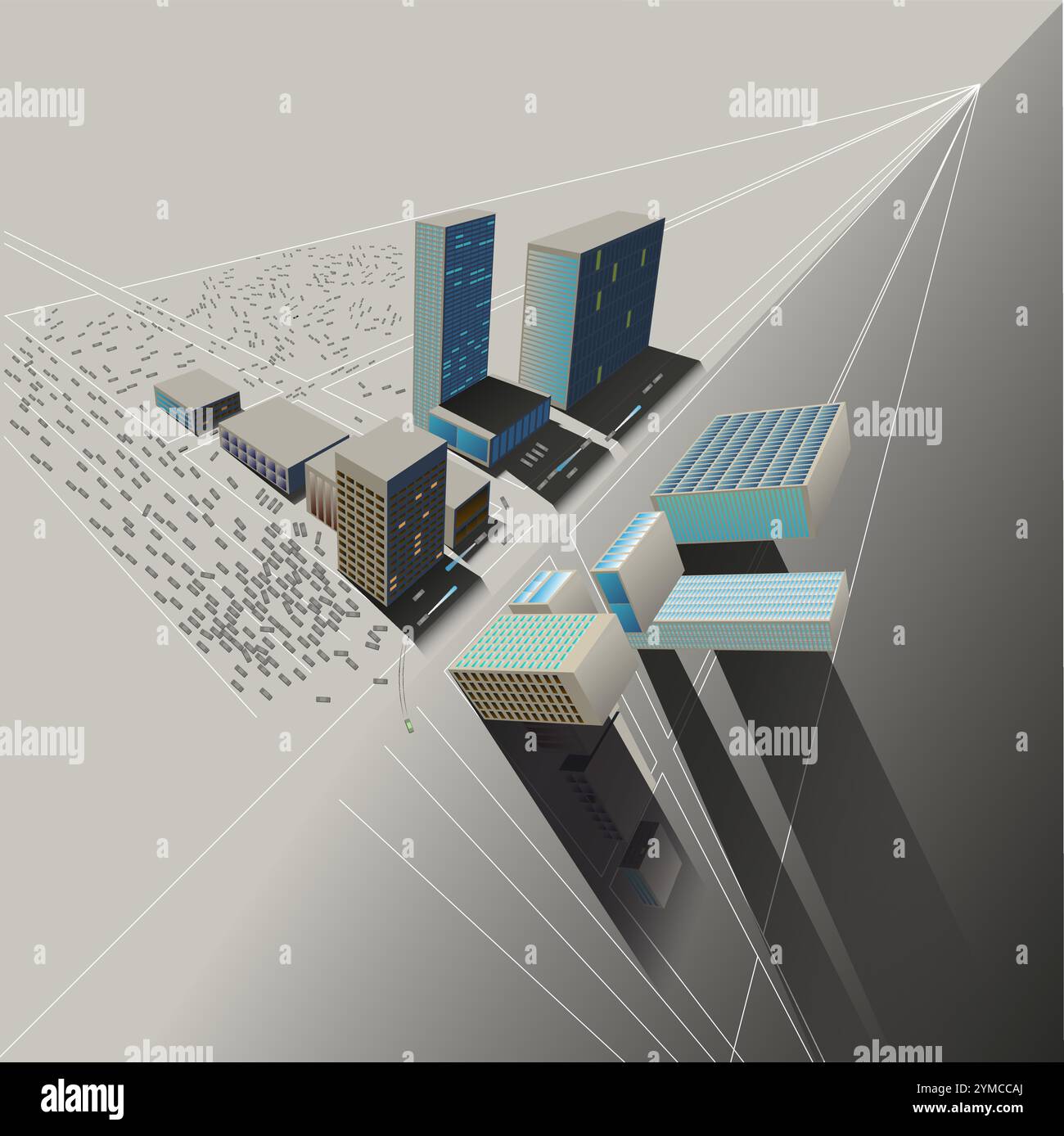 Futuristische Stadt mit Stadtstraßen. Isometrische 3D-Vektor-digitale Illustration einer futuristischen Stadtlandschaft auf grauem Hintergrund, Ansicht von oben. Stock Vektor