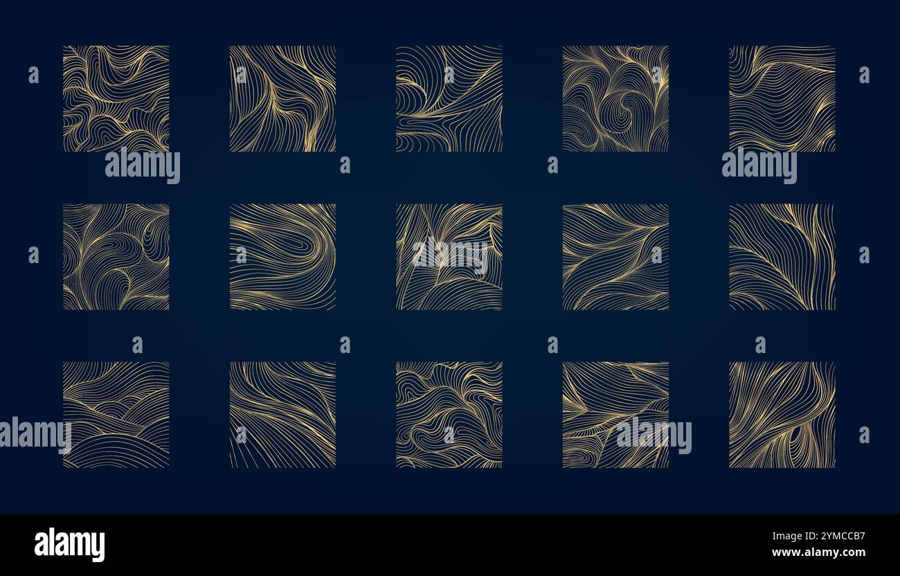 Vektor gesetzt, wenn Linie abstrakte quadratische Logos, Ozean wellenförmige Zeichen, Wasser, organische Formen. Abstrakte Kunst, goldene Luxussymbole, Sandabzeichen. Stock Vektor