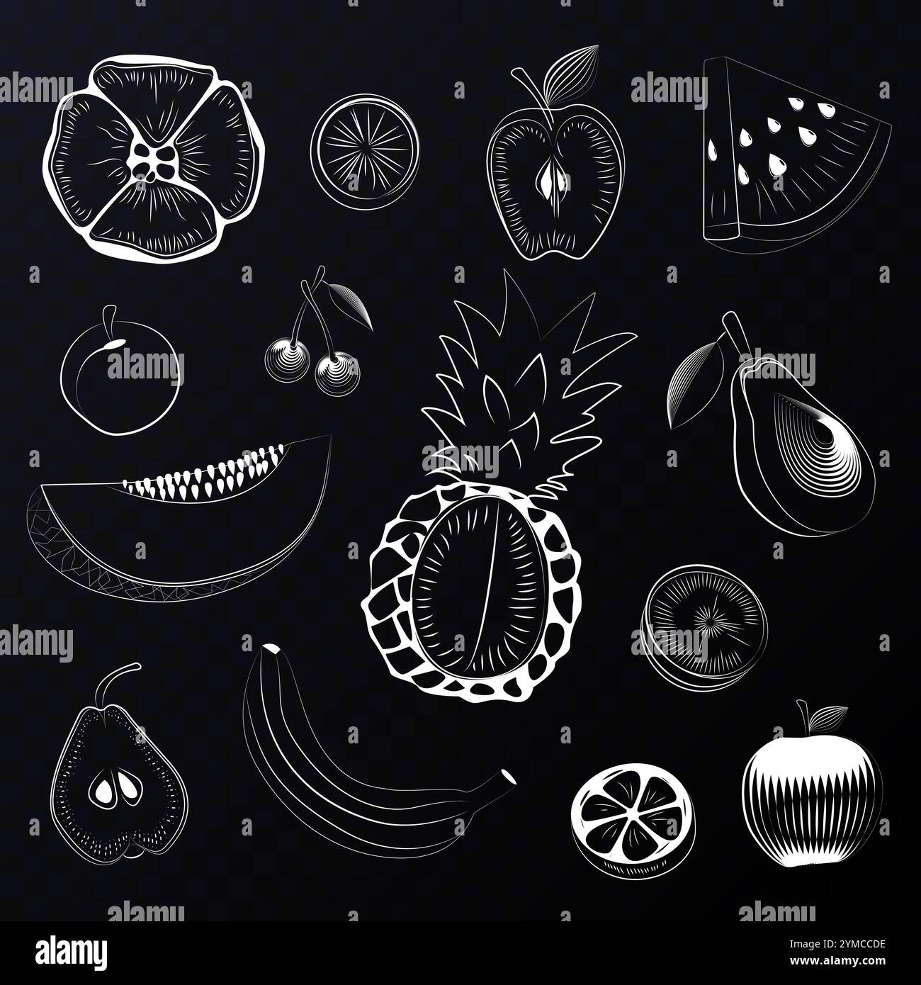 Ein Set Obst in minimalistischem Stil. Designs für Logos und Poster. Lineare Vektordarstellung. Weiß auf schwarzem Hintergrund, Linienzeichnung Stock Vektor