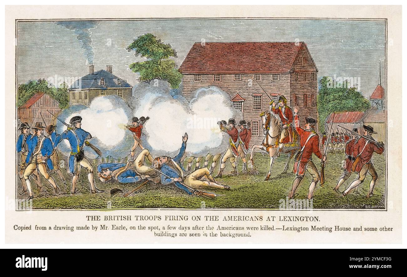 Britische Truppen feuern auf Amerikaner in der Schlacht von Lexington am 19. April 1775, einer der ersten Schlachten im Amerikanischen Unabhängigkeitskrieg, handkolorierter Holzschnitt von Samuel E Brown nach Ralph Earl, 1840 Stockfoto