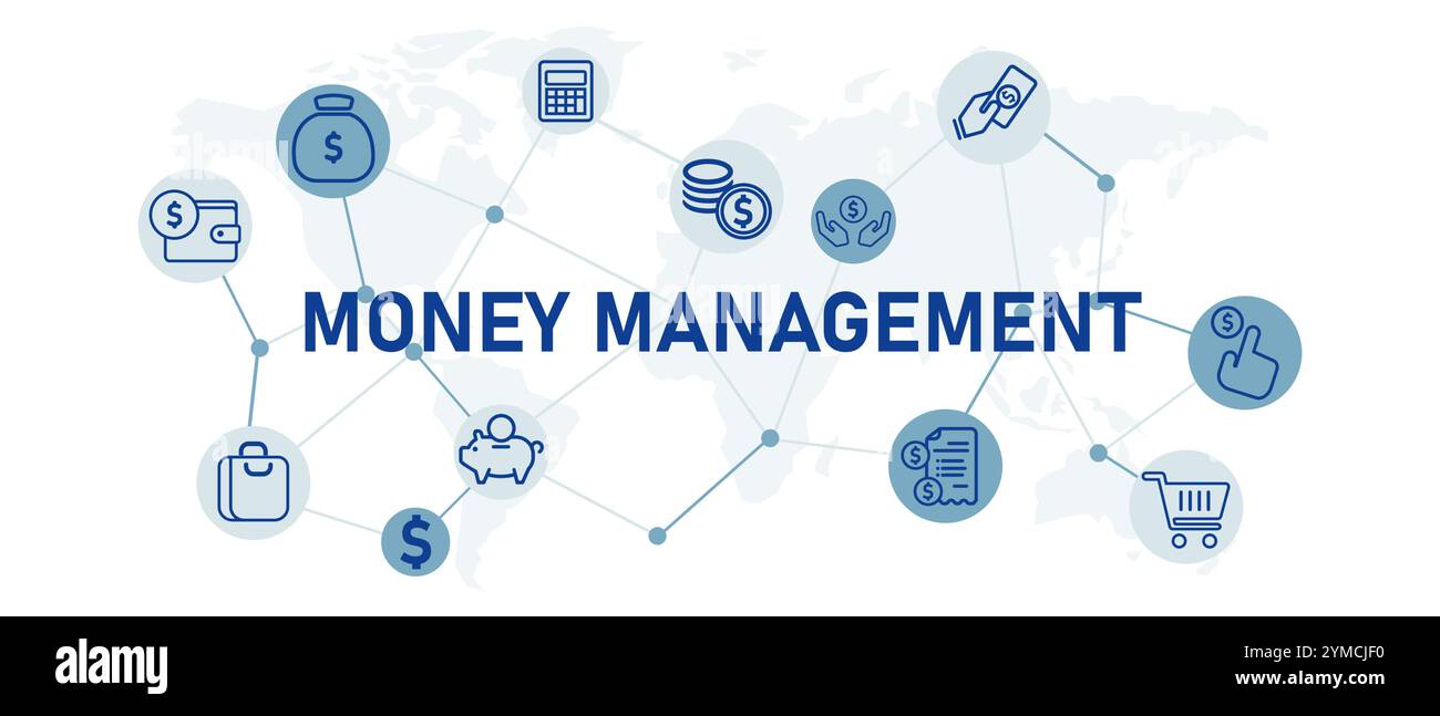 Money Management Gewinn Einkommen Gehalt Finanzstrategie Plan Steuerung Cashflow Transaktion Schulden Gehaltsscheck Verwaltung der wirtschaftlichen Finanzen Symbolsatz Design Stock Vektor