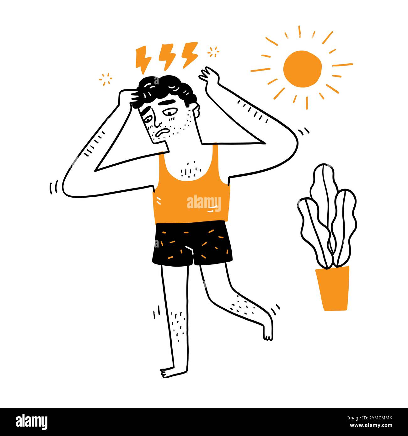 Der Mann hat Schlafprobleme, angeborene Krankheit, Schlaflosigkeit, nicht erfrischt am Morgen. Hand gezeichnet Vektor Illustration Kritzelstil. Stock Vektor