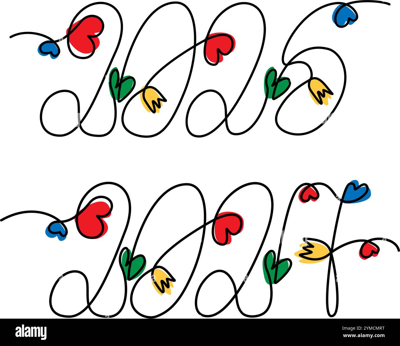 2026 2027 Handschriftenkonzept durchgehende Linie mit dekorativen Herzen, Blumen und bunten Flecken. Isolierte Vektor-Illustration Grußkarten, Flugblätter, Posting, Medienblogs oder Web-Promo, Preisschild Stock Vektor