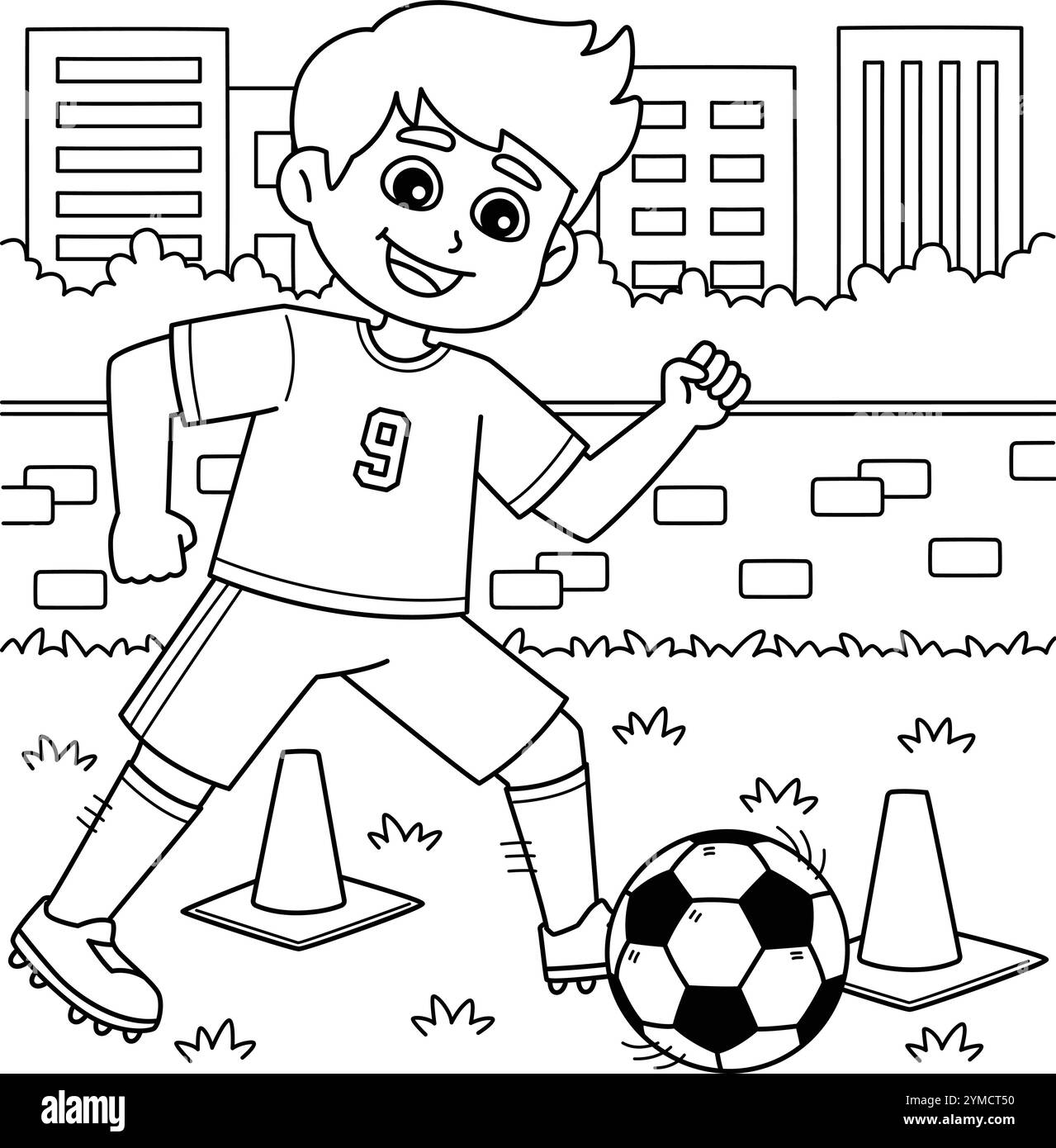 Männlicher Fußballspieler Dribbling Training Coloring Stock Vektor