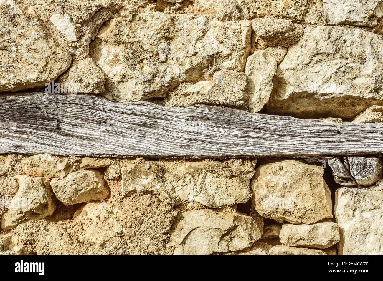 Alte Eichenholzbalken, die aus einer Steinmauer ragen - Angles-sur-l'Anglin, Vienne (86), Frankreich. Stockfoto