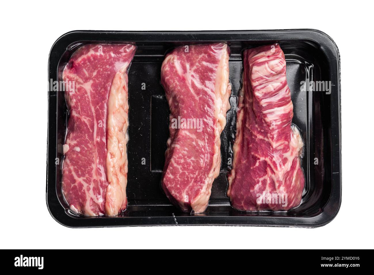 Rohes Tri Tip Steak aus schwarzem Angus Rindfleisch isoliert auf weißem Hintergrund. Stockfoto