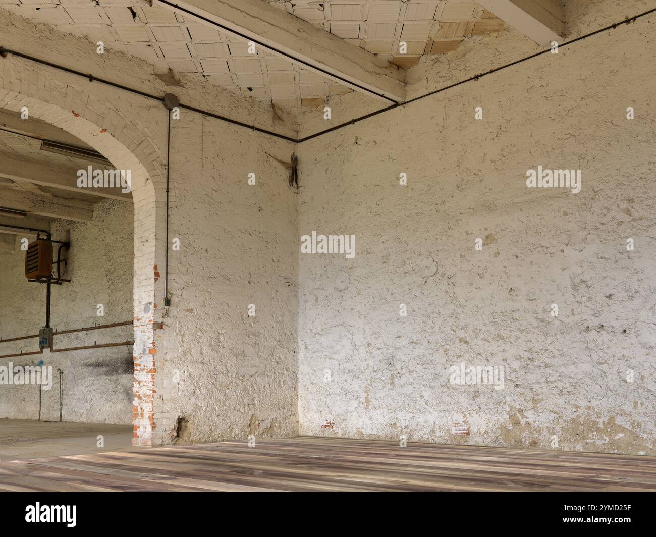 Innenraum eines leeren Raumes eines alten verlassenen Gebäudes, mit Betonmauer Stockfoto