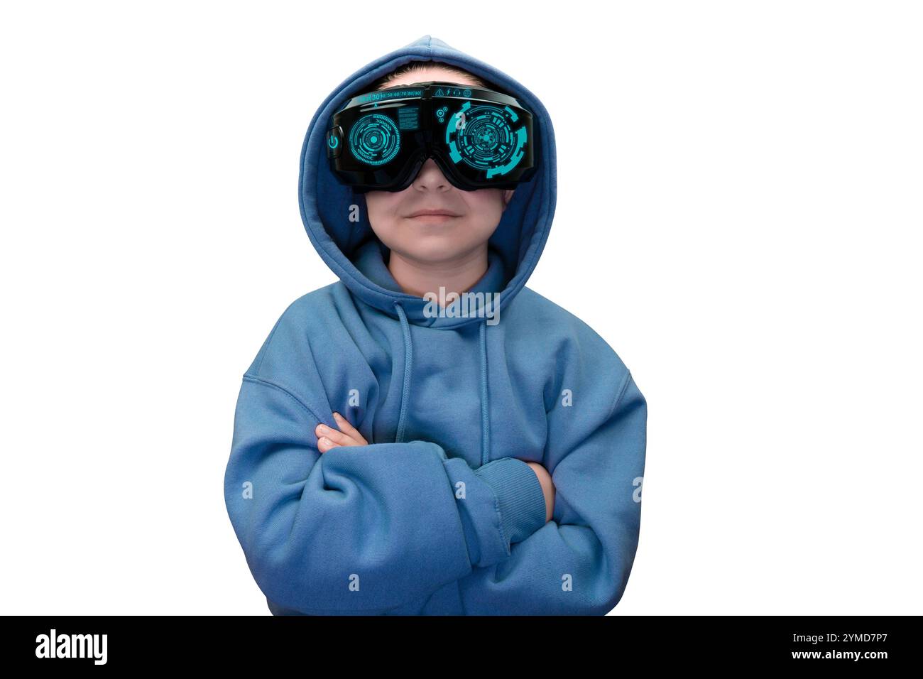 Porträt eines Mädchens mit Virtual-Reality-Headset mit HUD in blauem Hoodie isoliert auf weißem Hintergrund. Virtual-Reality-Brille Stockfoto