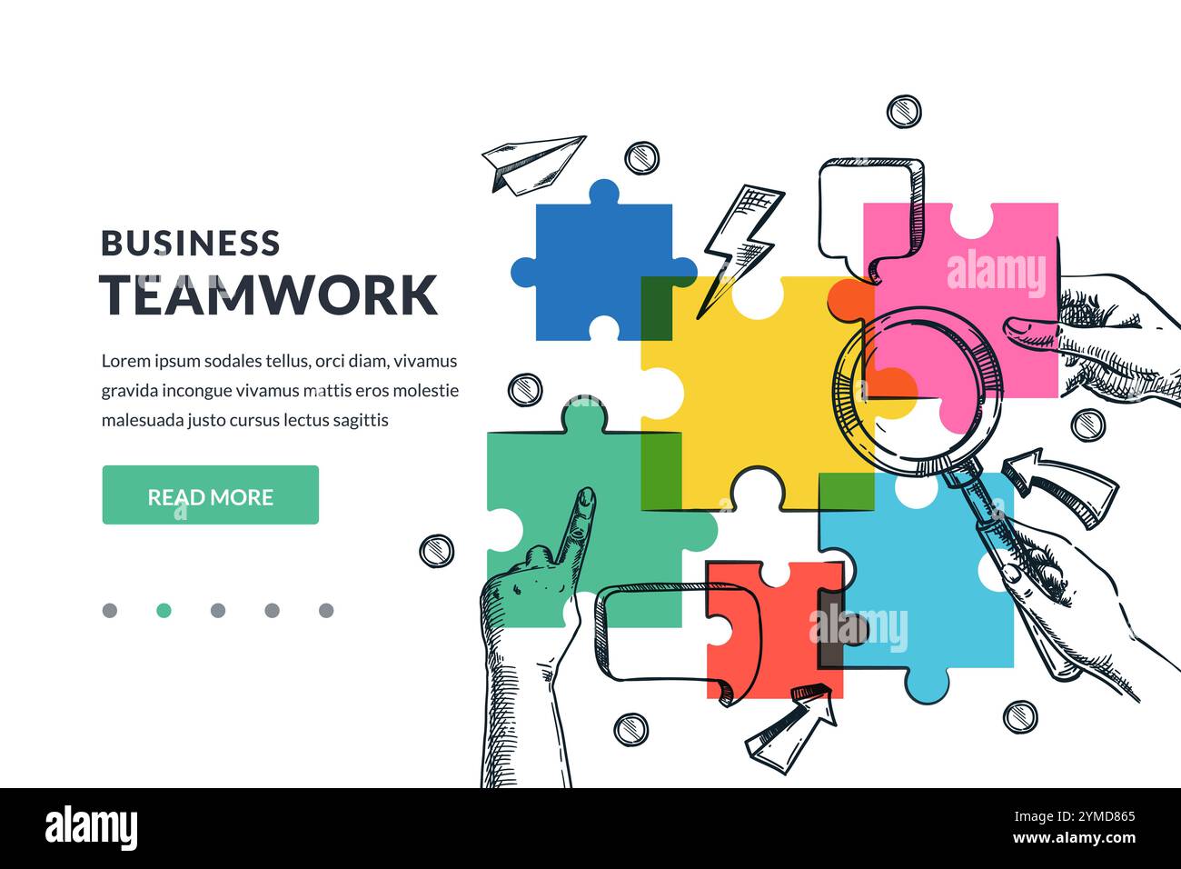 Ideen- und Problemlösung, Teamarbeit, Partnerschaftsstrategiekonzept. Hände mit bunten Puzzleteilen und Lupe. Handgezeichnete Vektorskizze Stock Vektor