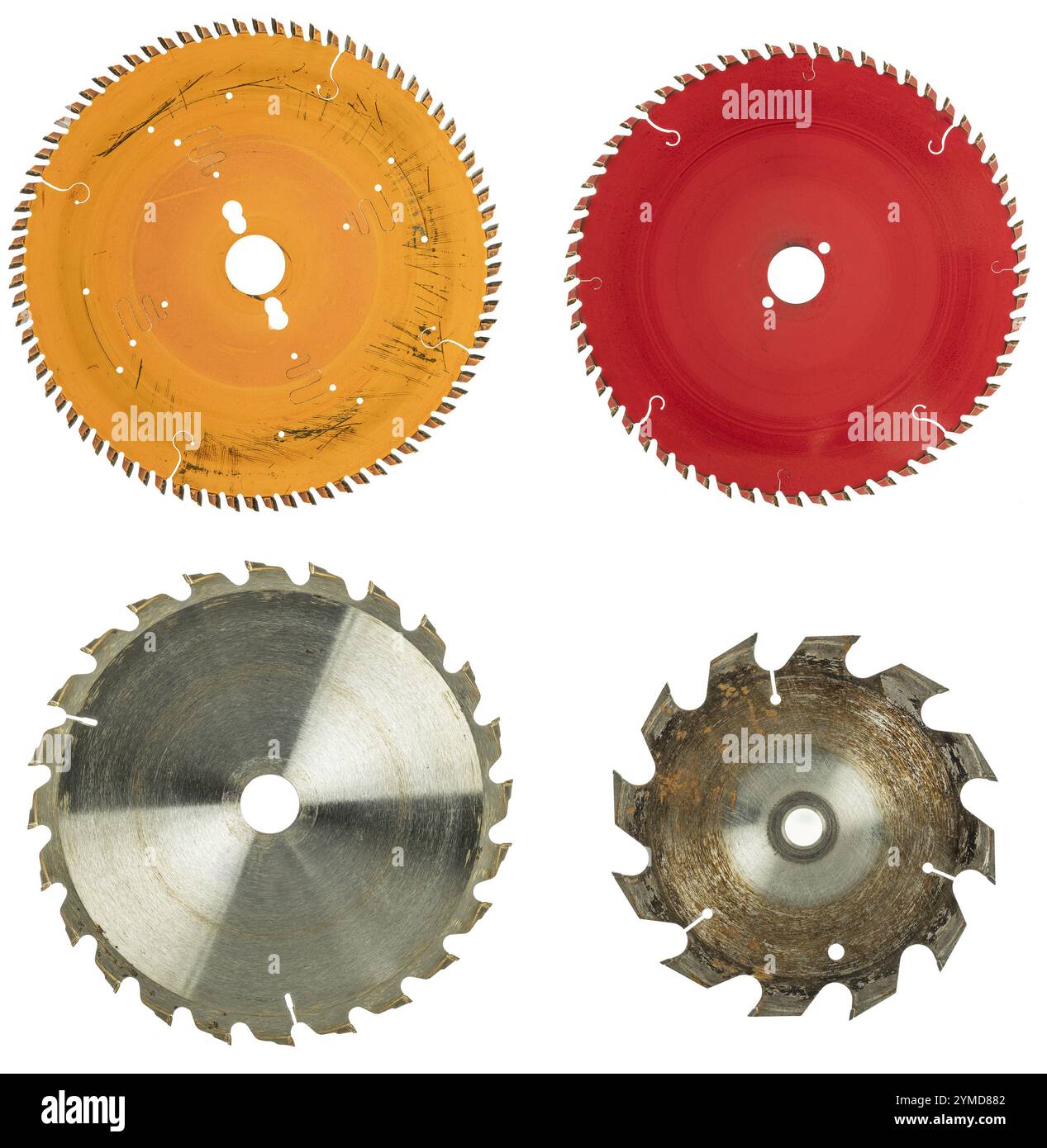 Vier gebrauchte Kreissägeblätter auf transparentem Hintergrund Stockfoto