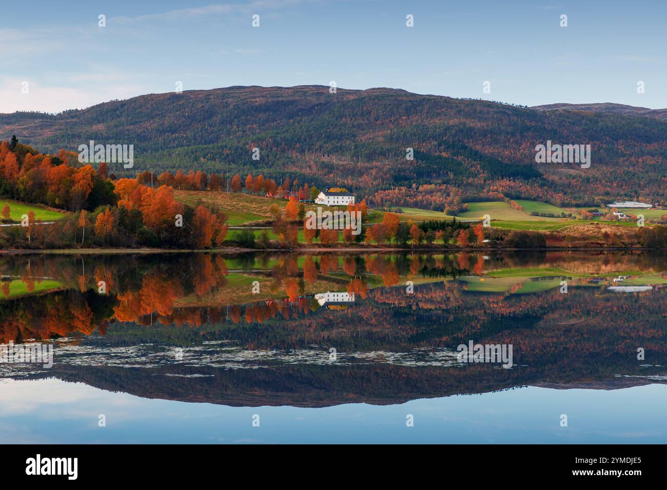 Norwegische Landschaft mit Hügeln und kleinen Küstendörfern unter blauem Himmel in der Herbstsaison Stockfoto