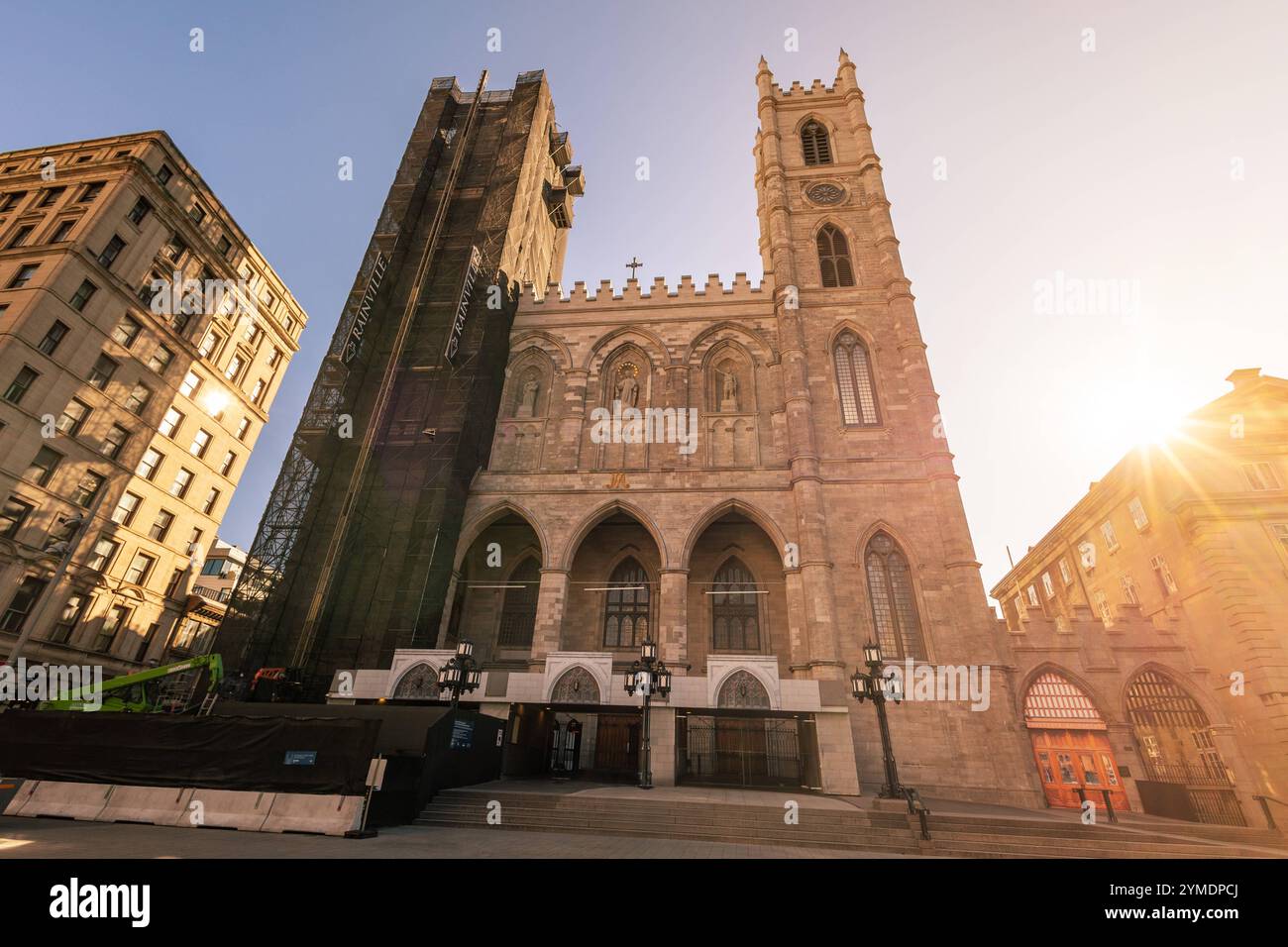 Basilika Notre-Dame, ein architektonisches Wahrzeichen in der Altstadt von Montreal, Kanada, erstrahlt im Licht des frühen Sonnenaufgangs. Die historische Fassade aus Kalkstein wird von einem Gerüst an der linken Seite begleitet, das auf Restaurierungsarbeiten hinweist. Der goldene Sonnenschein hebt die majestätischen Türme hervor und erzeugt eine warme, einladende Atmosphäre, während der Platz vor der Basilika ruhig und leer bleibt. *** Die Basilika Notre Dame, ein architektonisches Wahrzeichen in der Altstadt von Montreal, Kanada, leuchtet im frühen Sonnenaufgang, die historische Kalksteinfassade wird begleitet Stockfoto