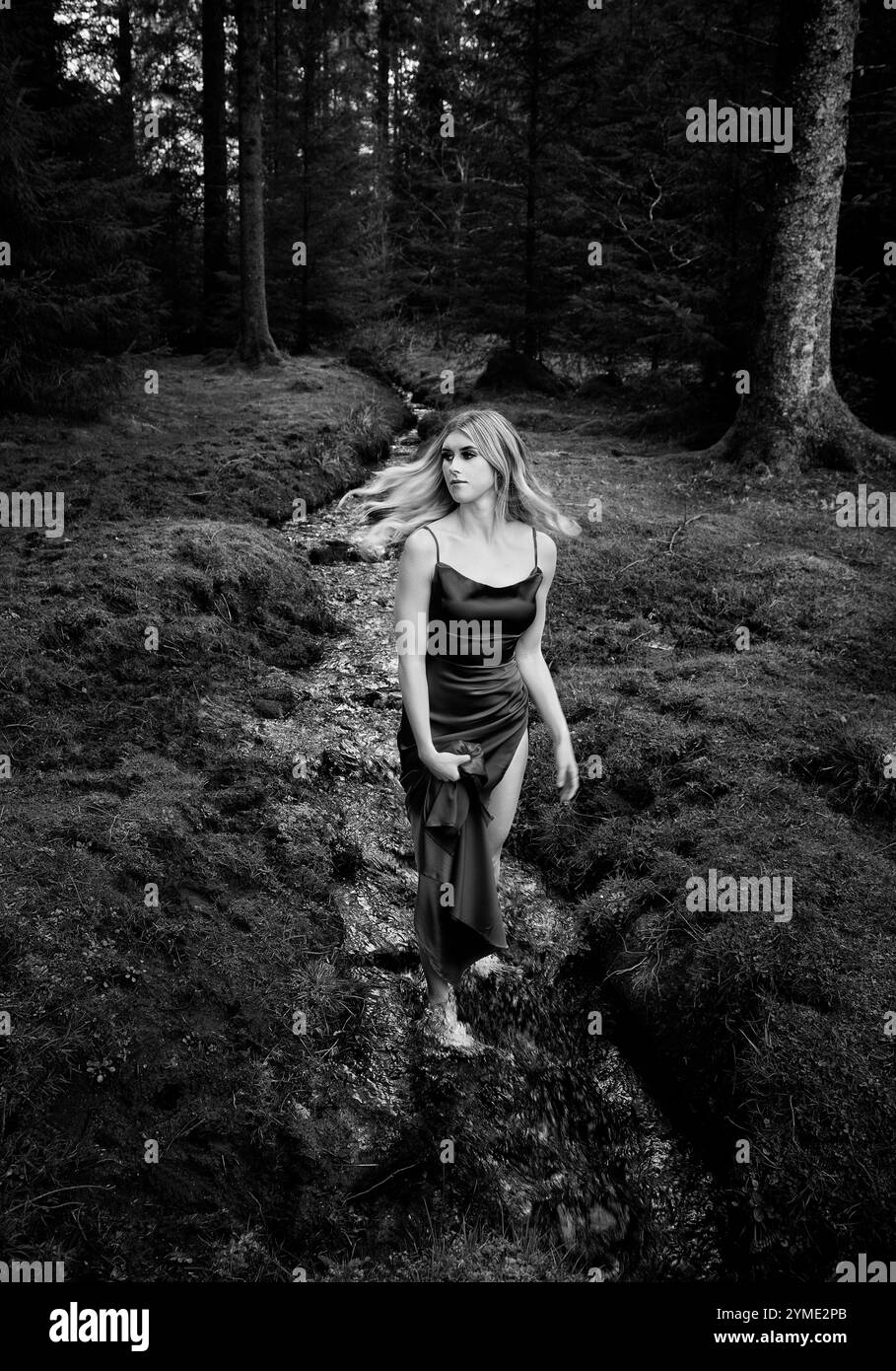 Eine junge blonde Frau hält ihr Kleid fest, während sie einen Waldbach aufwacht Stockfoto