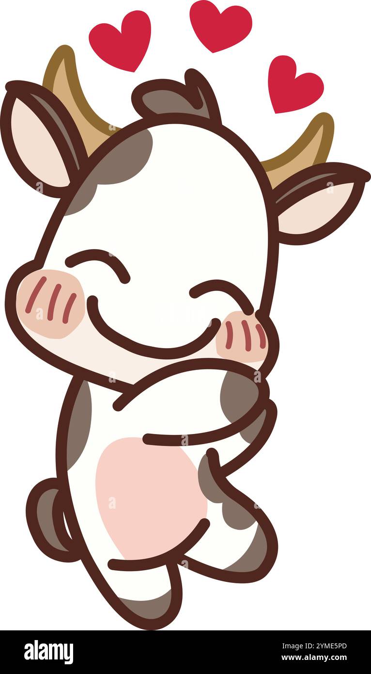 In Liebe Kuh im Kawaii-Stil mit rosafarbenen Wangen und Herzen, die über dem Kopf schweben Stock Vektor