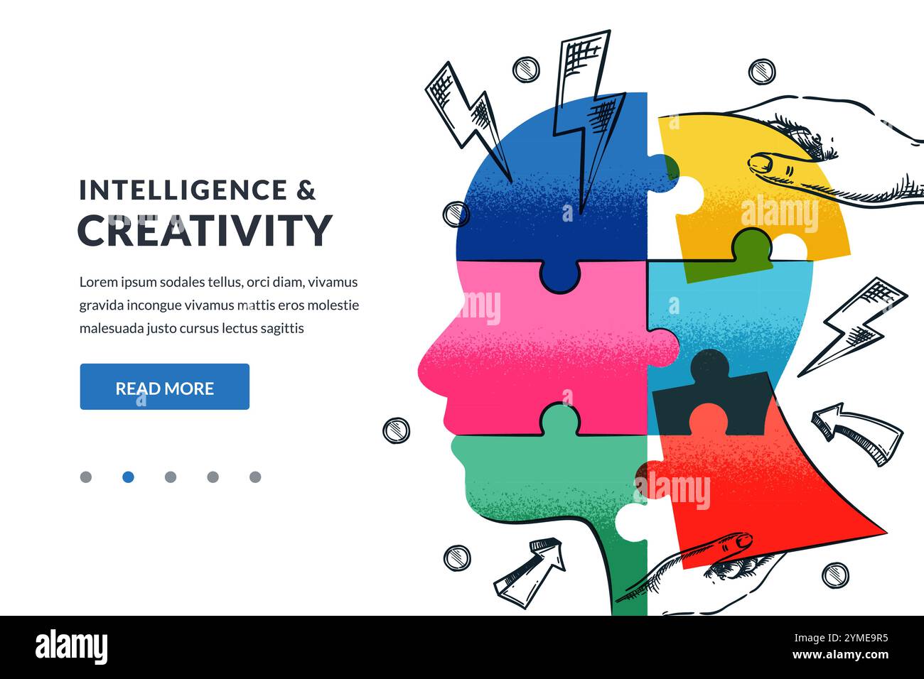 Kreativität, Bildung, psychologische Unterstützung, Inspirationskonzept. Menschliche Hände verbinden sich mit Kopfform buntes Puzzle. Vektor Hand gezeichnetes Skizzengeschäft i Stock Vektor