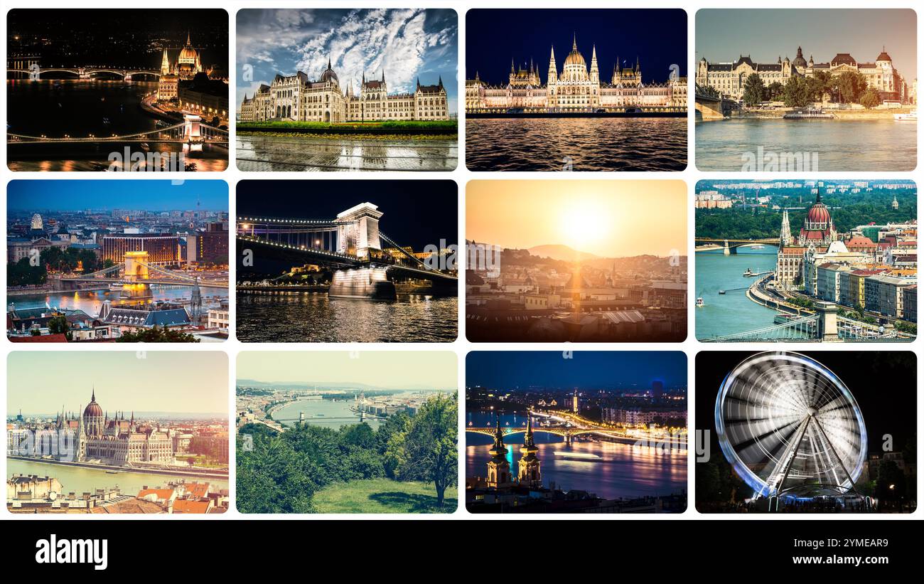 Collage verschiedener berühmter Sehenswürdigkeiten Budapests bei Tag und Nacht Stockfoto