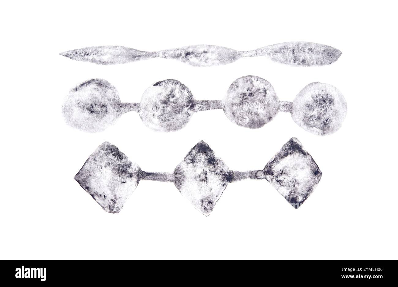 Monochrome abstrakte Formen: Kreise, Diamanten, Ellipsen in künstlerischem minimalistischem Design. Stockfoto
